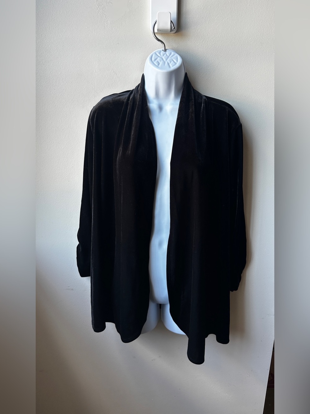 Susan Graver Black Velvet Open Front Draped Cardigan Ruched Sleeve Jacket Size L